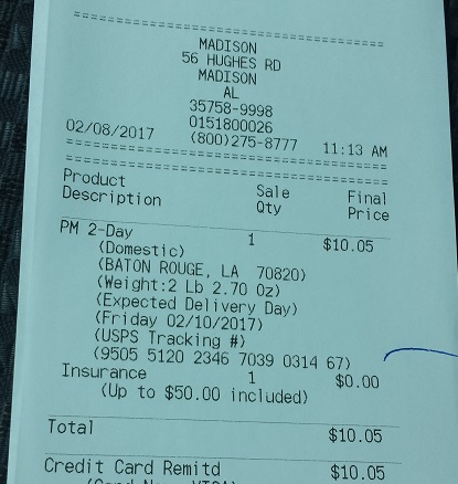 USPS Receipt (V8 Air Filter)