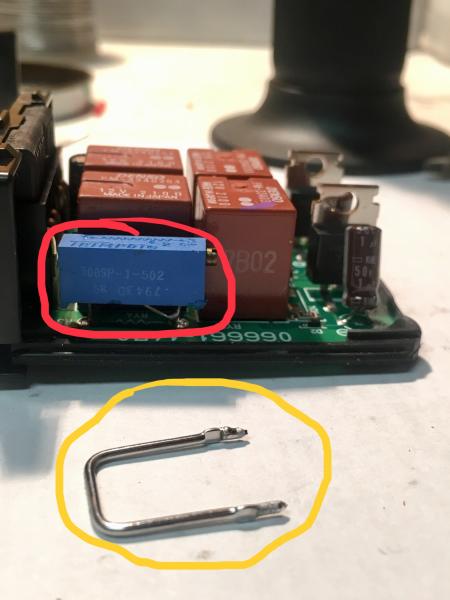 Yellow circle is the shunt resistor I removed.
The red circle is the new trimpot resistor I added to fix hyper blink for LED blinkers.